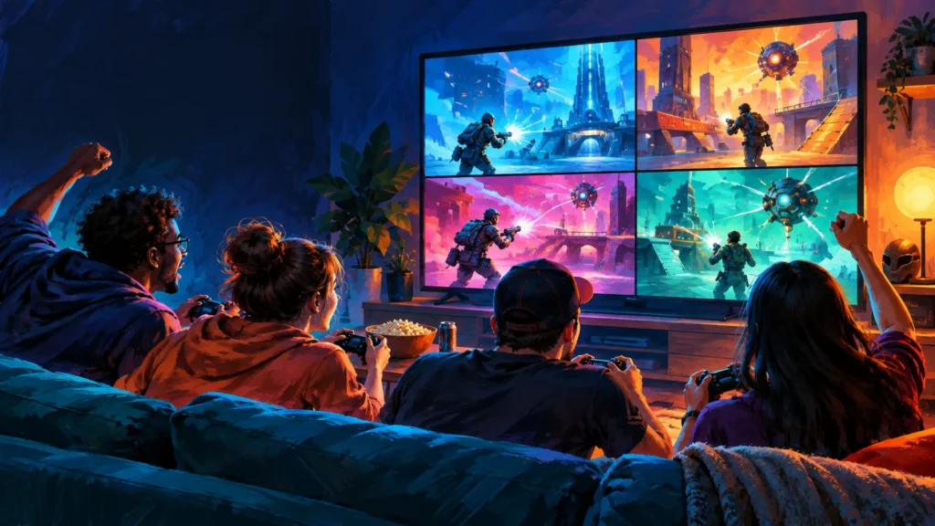 Painterly illustration of four friends on a couch playing controllers in front of a large TV divided into four colorful futuristic shooter scenes, with snacks and warm living-room lighting.