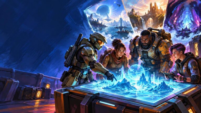 Painterly sci-fi scene of four people gathered around a glowing holographic tabletop map, with a green armored figure pointing at the display and three futuristic landscapes floating behind them.