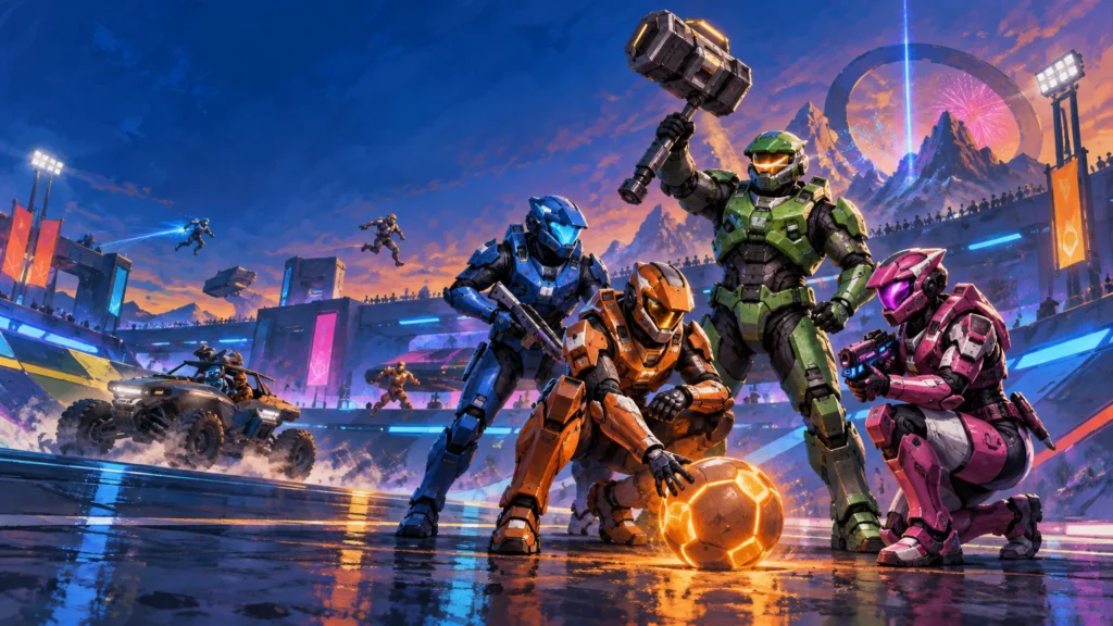 Painterly sci-fi arena scene with four brightly armored fighters around a glowing orange ball, a rugged off-road vehicle, cheering stands, neon lights, mountains, and fireworks at sunset.