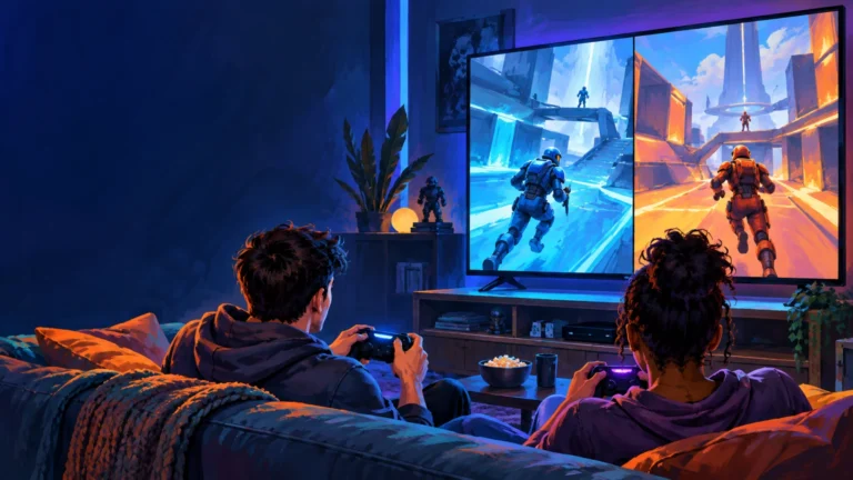 Painterly illustration of two people on a couch holding game controllers while large side-by-side screens show blue and orange futuristic armored characters running through a sci-fi arena.