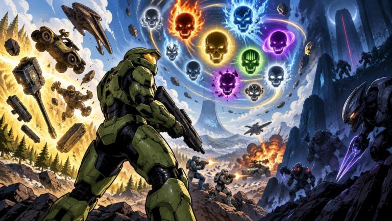 Comic-book-style sci-fi battlefield scene with a green armored soldier facing alien enemies, vehicles, explosions, spaceships, and a swirling sky filled with glowing skull icons.