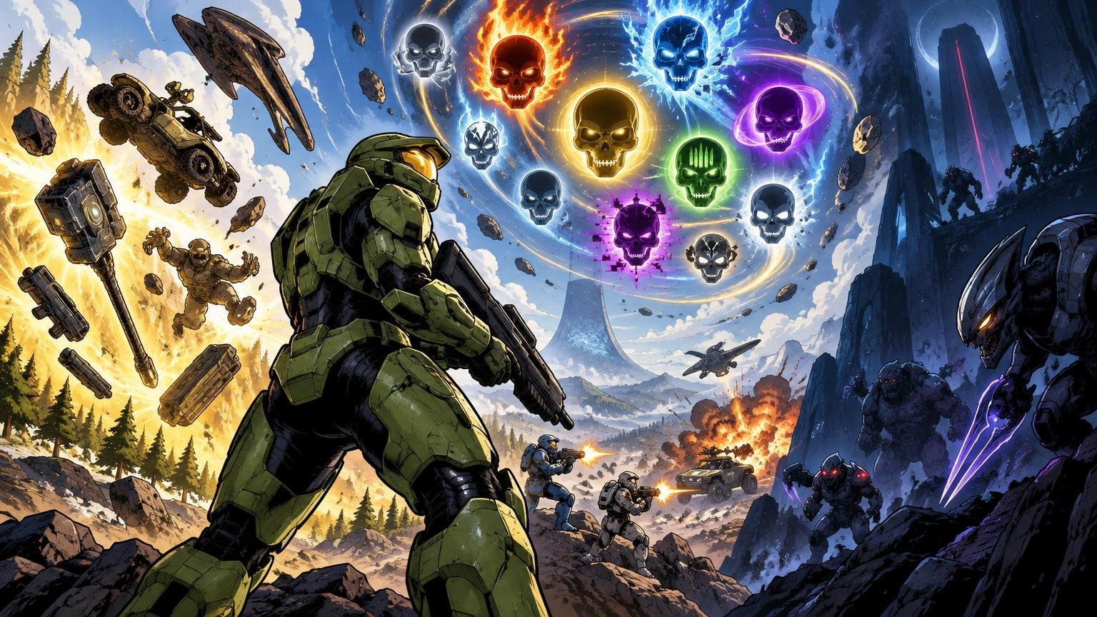 Comic-book-style sci-fi battlefield scene with a green armored soldier facing alien enemies, vehicles, explosions, spaceships, and a swirling sky filled with glowing skull icons.