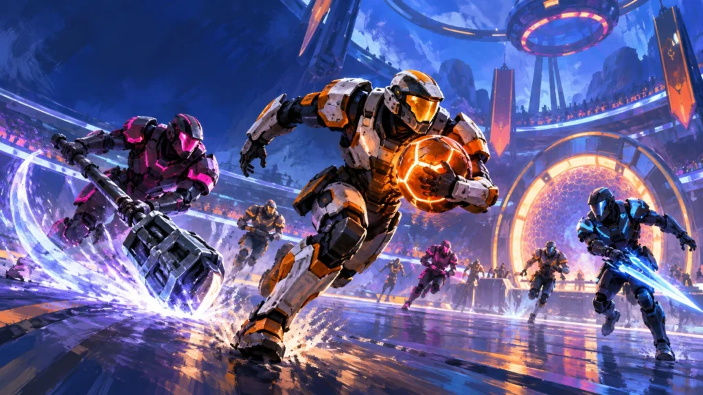 Painterly sci-fi arena scene of armored players sprinting with a glowing orange ball as opponents wield a large hammer and a blue energy blade near a bright circular goal.