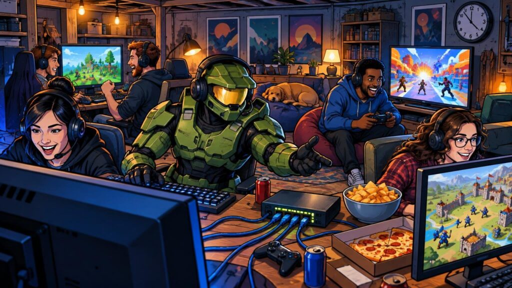 Comic-book-style illustration of friends gaming at a LAN party around connected monitors, with snacks, controllers, Ethernet cables, and a green armored sci-fi soldier at the center.