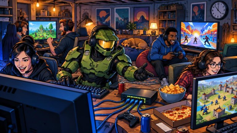 Comic-book-style illustration of friends gaming at a LAN party around connected monitors, with snacks, controllers, Ethernet cables, and a green armored sci-fi soldier at the center.