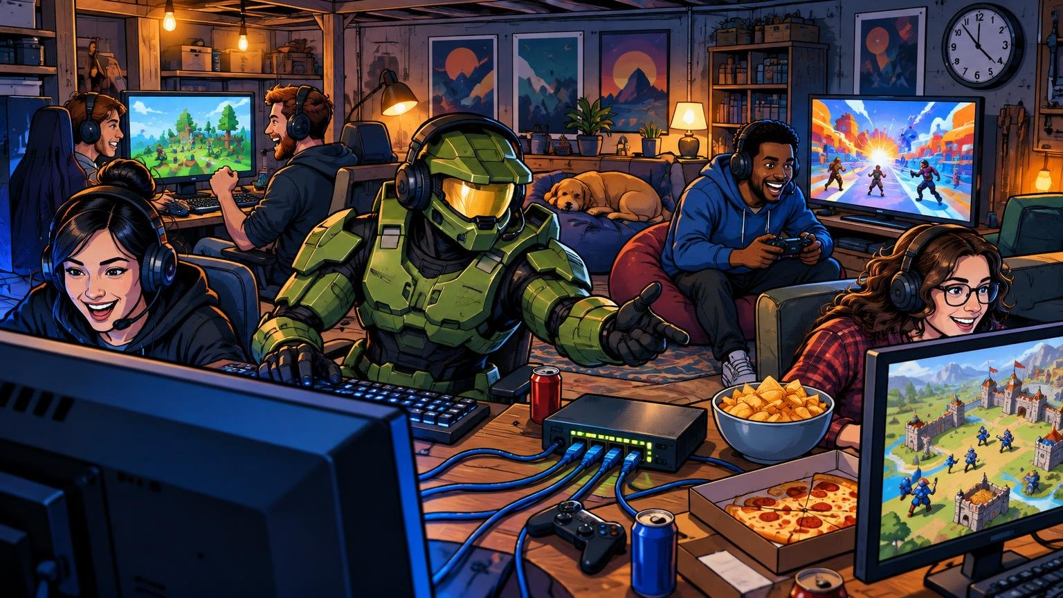 Comic-book-style illustration of friends gaming at a LAN party around connected monitors, with snacks, controllers, Ethernet cables, and a green armored sci-fi soldier at the center.