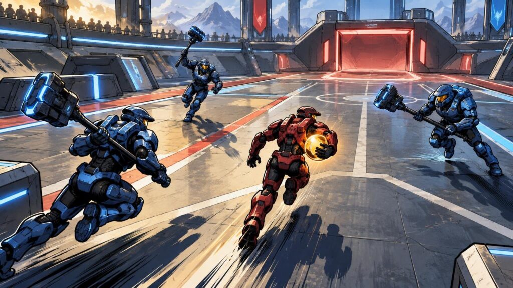 Comic-book-style illustration of armored blue and red players rushing across a futuristic court, with a red player carrying a glowing ball while blue players wield large hammers near opposing red and blue goal areas.