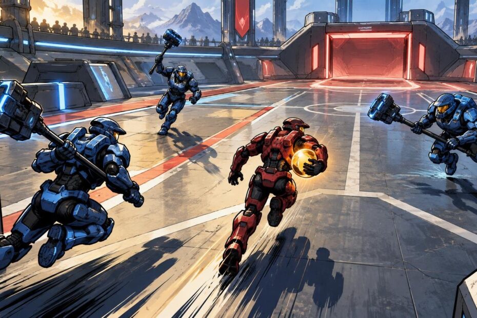 Comic-book-style illustration of armored blue and red players rushing across a futuristic court, with a red player carrying a glowing ball while blue players wield large hammers near opposing red and blue goal areas.