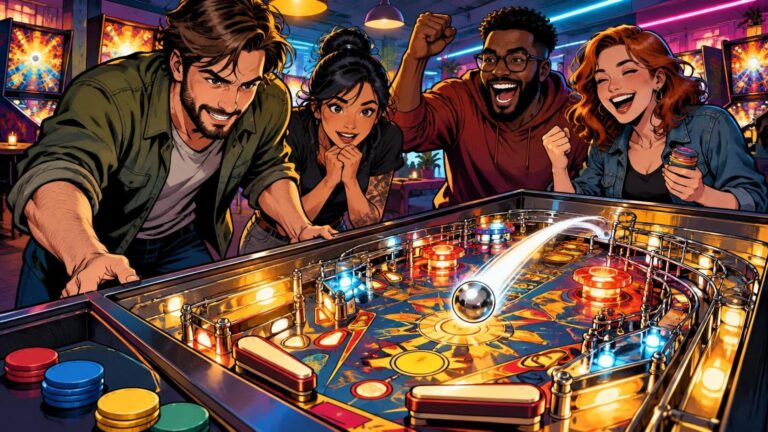 Comic-book-style illustration of four smiling adults gathered around a brightly lit pinball machine, with a silver ball in motion and stacks of colorful round tokens in the foreground.