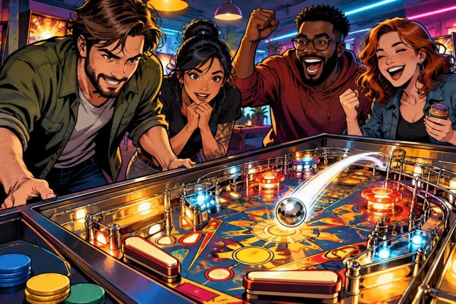 Comic-book-style illustration of four smiling adults gathered around a brightly lit pinball machine, with a silver ball in motion and stacks of colorful round tokens in the foreground.