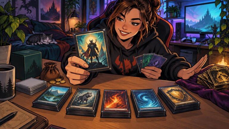 Comic-book-style illustration of a smiling gamer at a desk holding fantasy trading cards, with organized card stacks, coins, a deck box, and a video game setup in a cozy room.