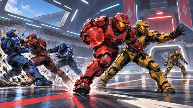 Comic-book-style illustration of armored red, blue, and gold sci-fi players battling in a futuristic indoor arena, with a red player sprinting forward while carrying a glowing red ball.