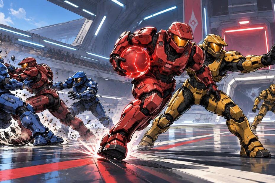 Comic-book-style illustration of armored red, blue, and gold sci-fi players battling in a futuristic indoor arena, with a red player sprinting forward while carrying a glowing red ball.
