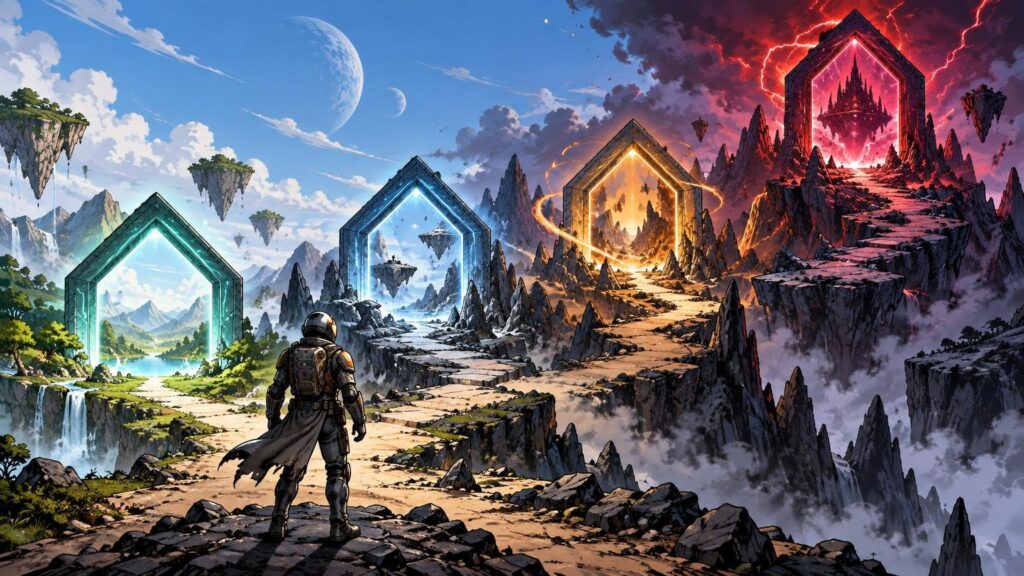 Comic-book-style landscape of an armored traveler facing four glowing portal gateways along a mountain path, progressing from green and blue to gold and red beneath dramatic skies.