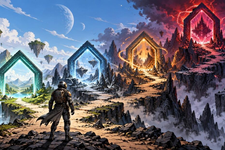 Comic-book-style landscape of an armored traveler facing four glowing portal gateways along a mountain path, progressing from green and blue to gold and red beneath dramatic skies.
