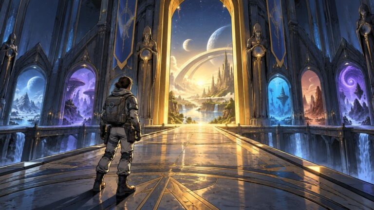 Comic-book-style sci-fi illustration of a backpacked traveler standing in a vast ornate hall, facing a sunlit archway to a futuristic city and several side portals showing different alien landscapes.