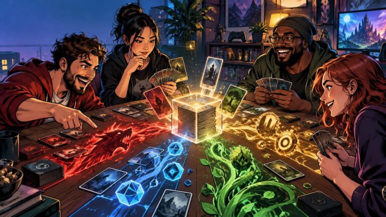 Comic-book-style illustration of four friends playing a fantasy card game around a table, with a glowing cube-shaped stack of cards at the center and colorful elemental effects spreading across the tabletop.