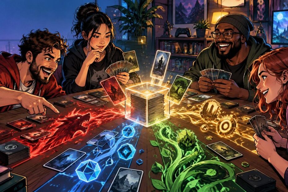 Comic-book-style illustration of four friends playing a fantasy card game around a table, with a glowing cube-shaped stack of cards at the center and colorful elemental effects spreading across the tabletop.